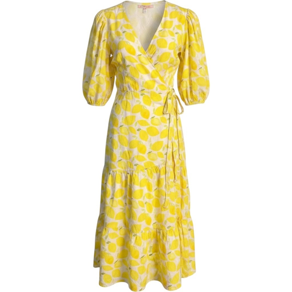 Hutch Lemon Print Wrap Midi Dress L Italian Summer Coastal Cottagecore Picnic